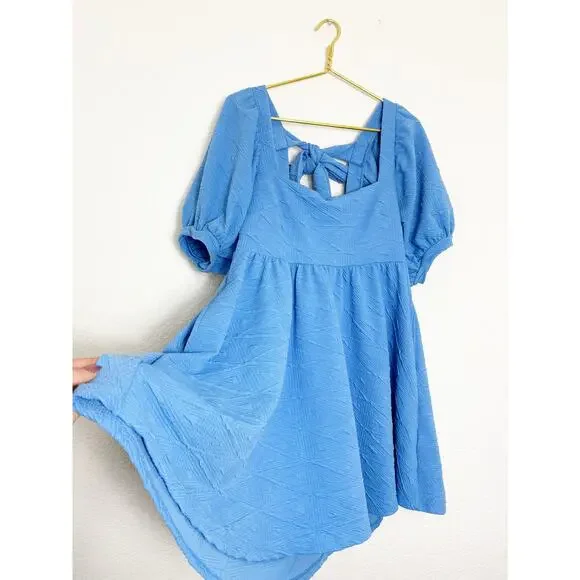 Free People Violet Mini Dress Size Large Sky Blue Puff Sleeve Babydoll Coquette - Picture 12 of 14